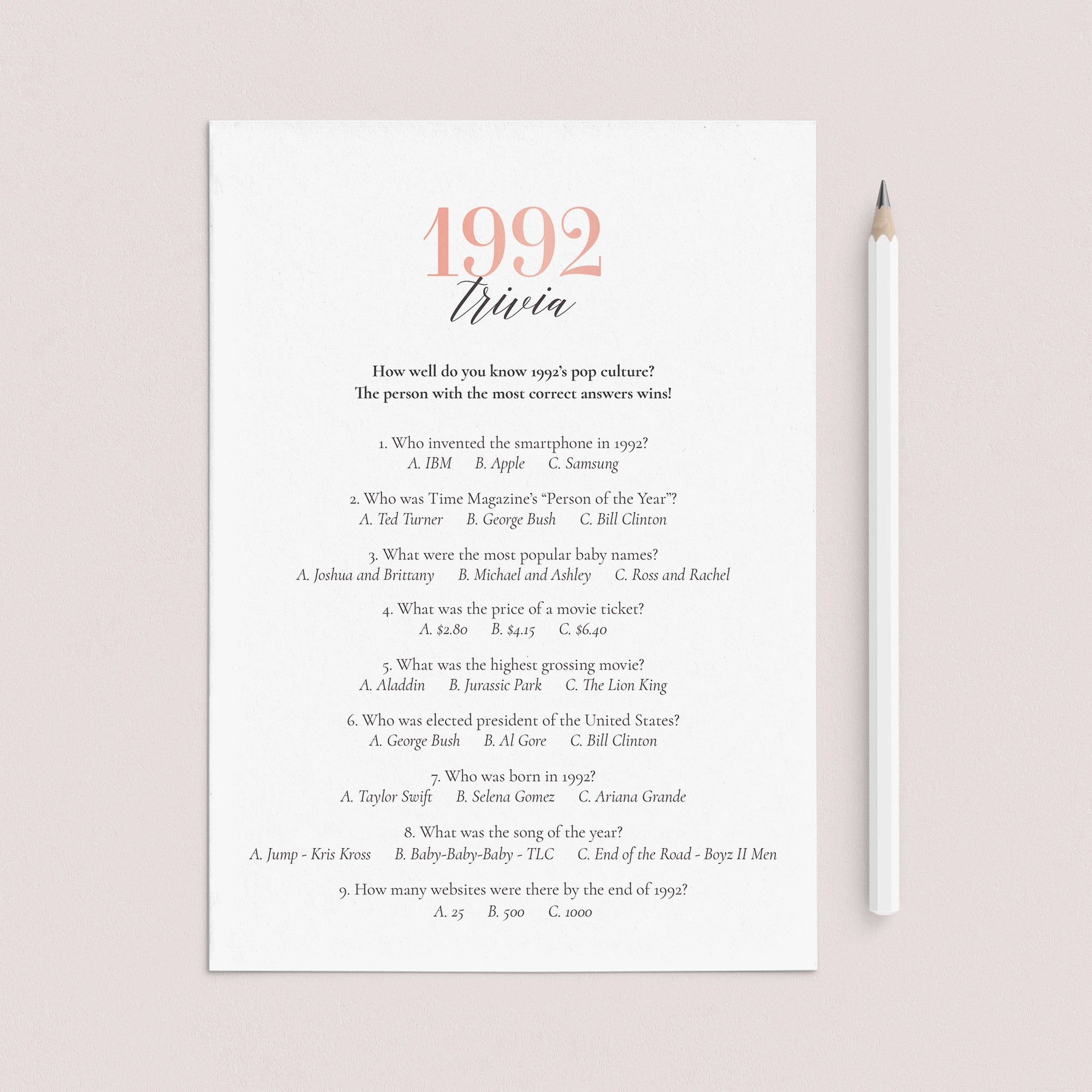 1992 Trivia Game with Answers Printable by LittleSizzle