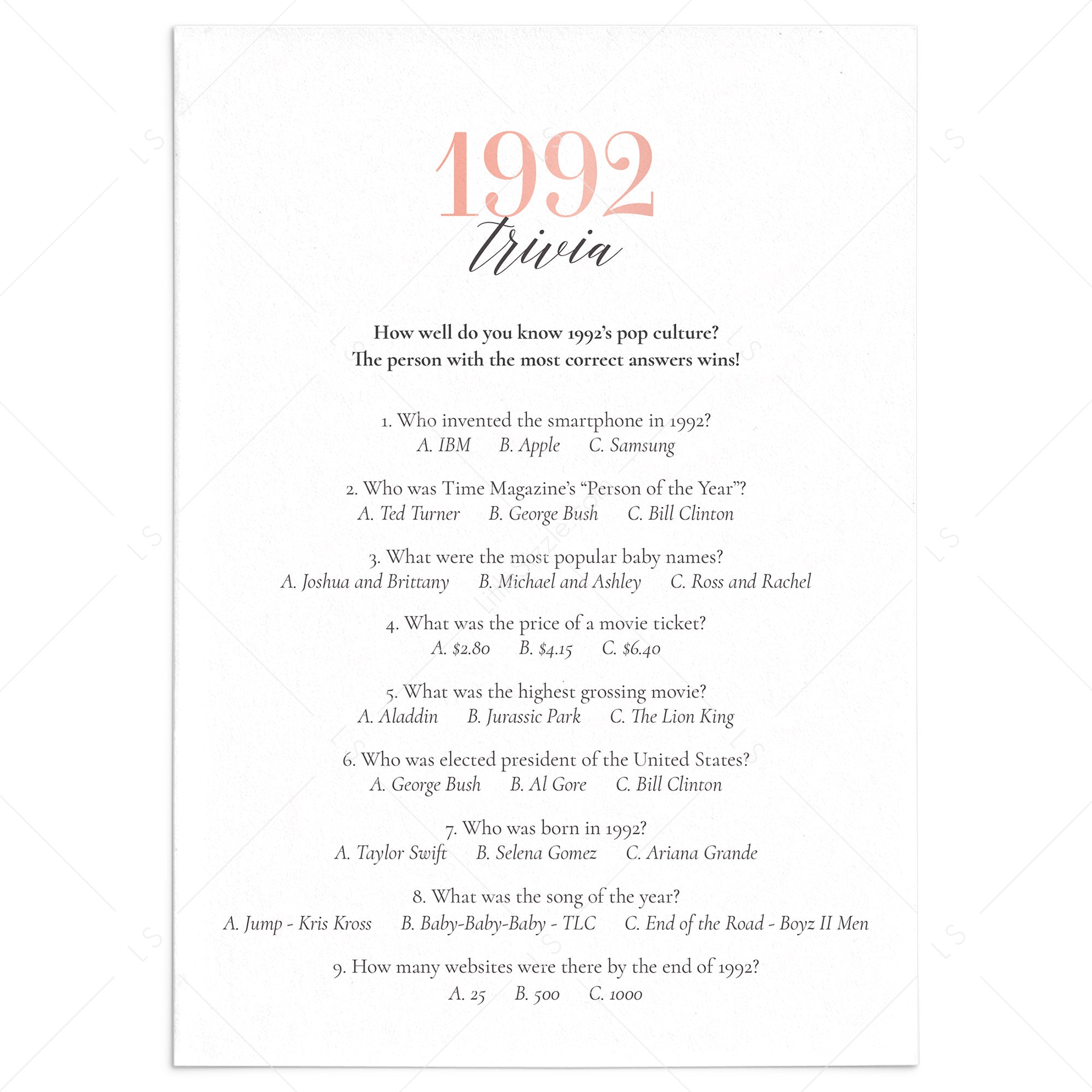 1992 Trivia Game with Answers Printable by LittleSizzle