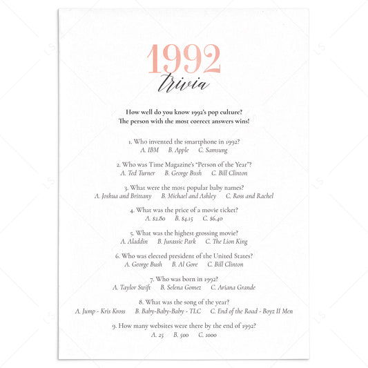 1992 Trivia Game with Answers Printable by LittleSizzle