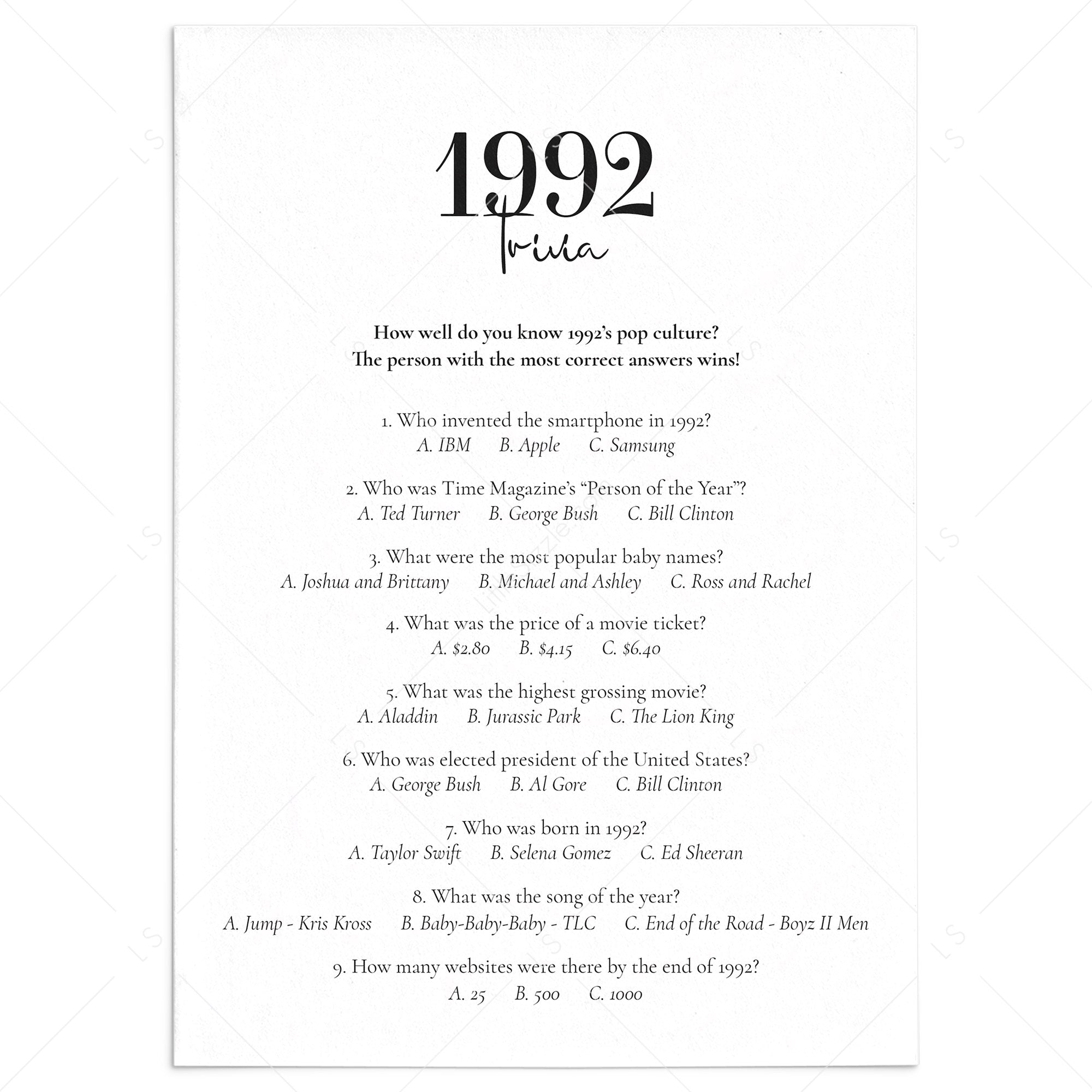 1992 Trivia Questions and Answers Printable by LittleSizzle
