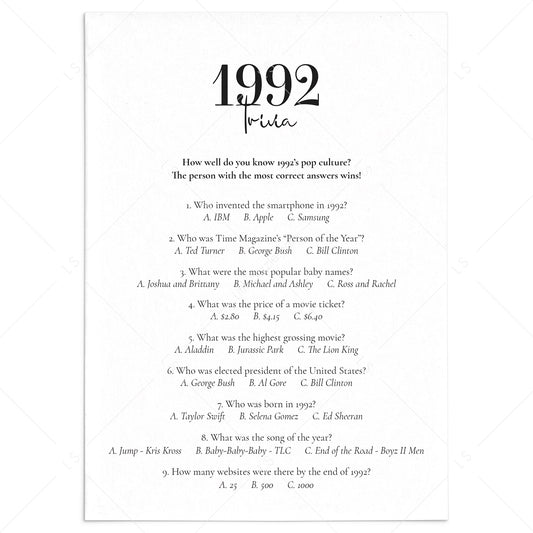 1992 Trivia Questions and Answers Printable by LittleSizzle