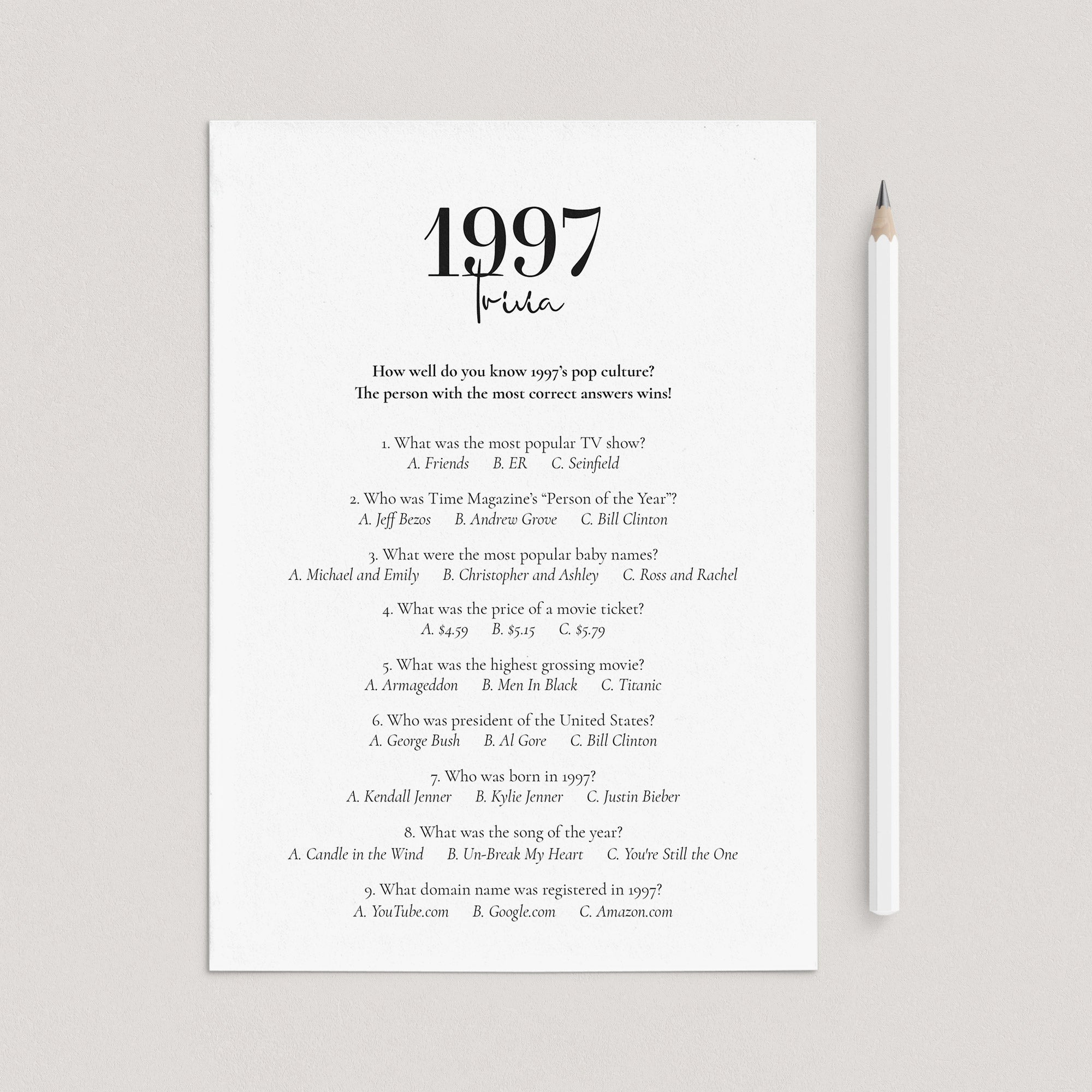 1997 Trivia Quiz with Answers Digital Download by LittleSizzle