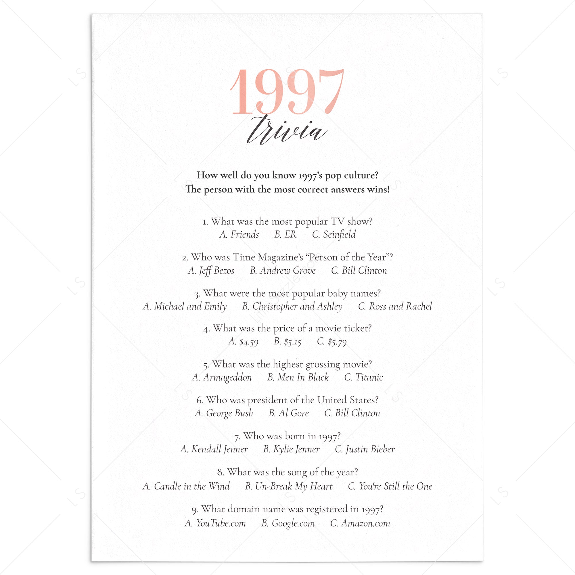 1997 Trivia Questions and Answers Printable by LittleSizzle