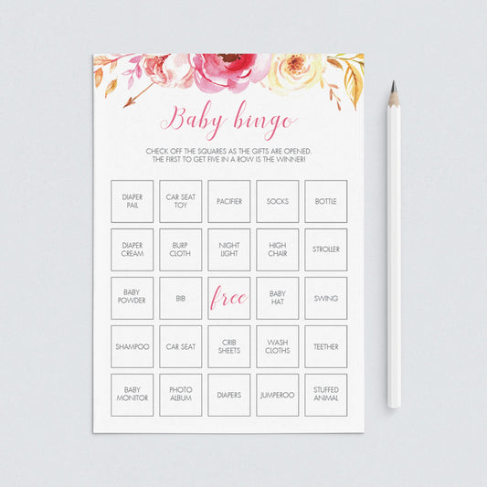 Boho floral baby bingo game cards printable by LittleSizzle