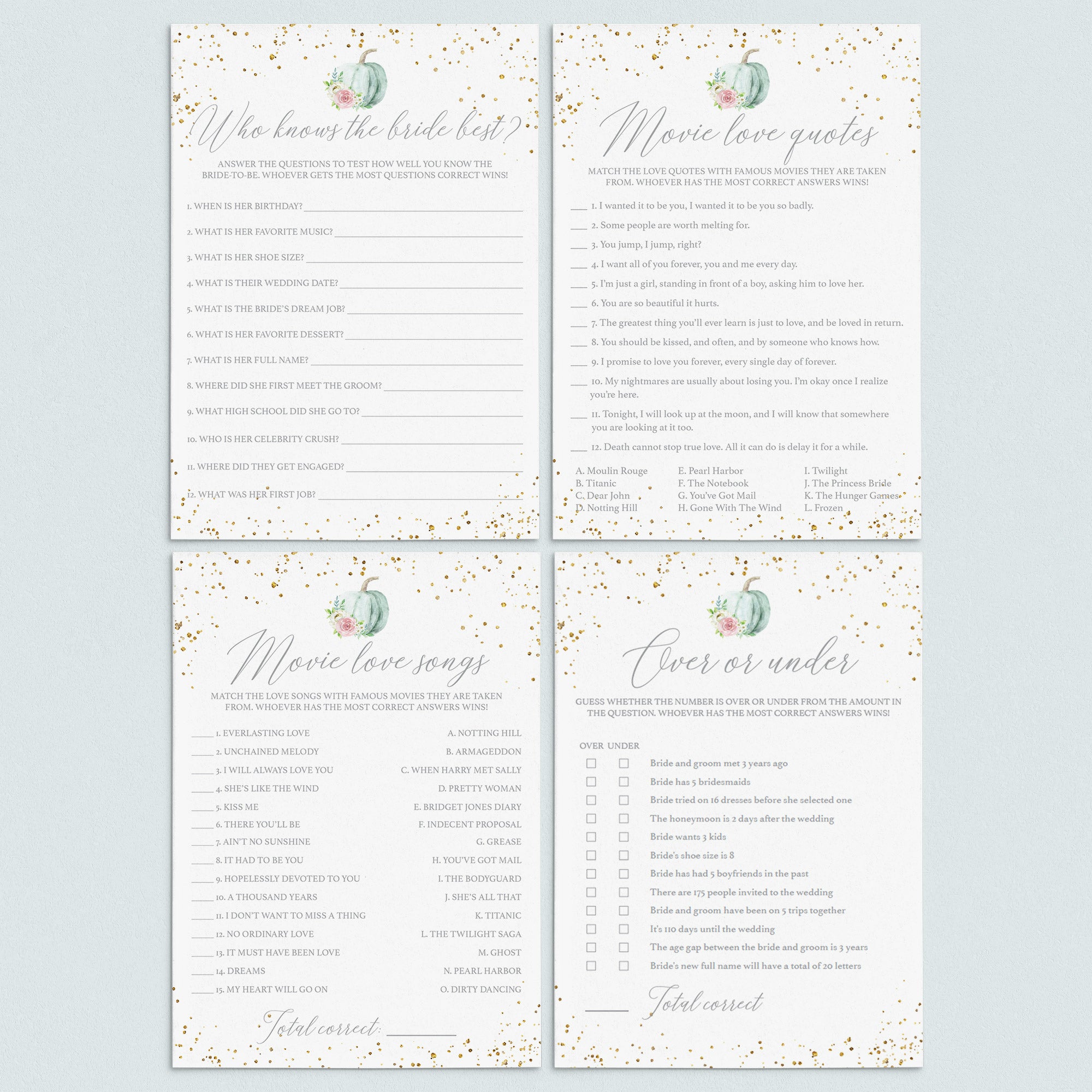 Autumn Bridal Shower Games Bundle Floral Pumpkin by LittleSizzle