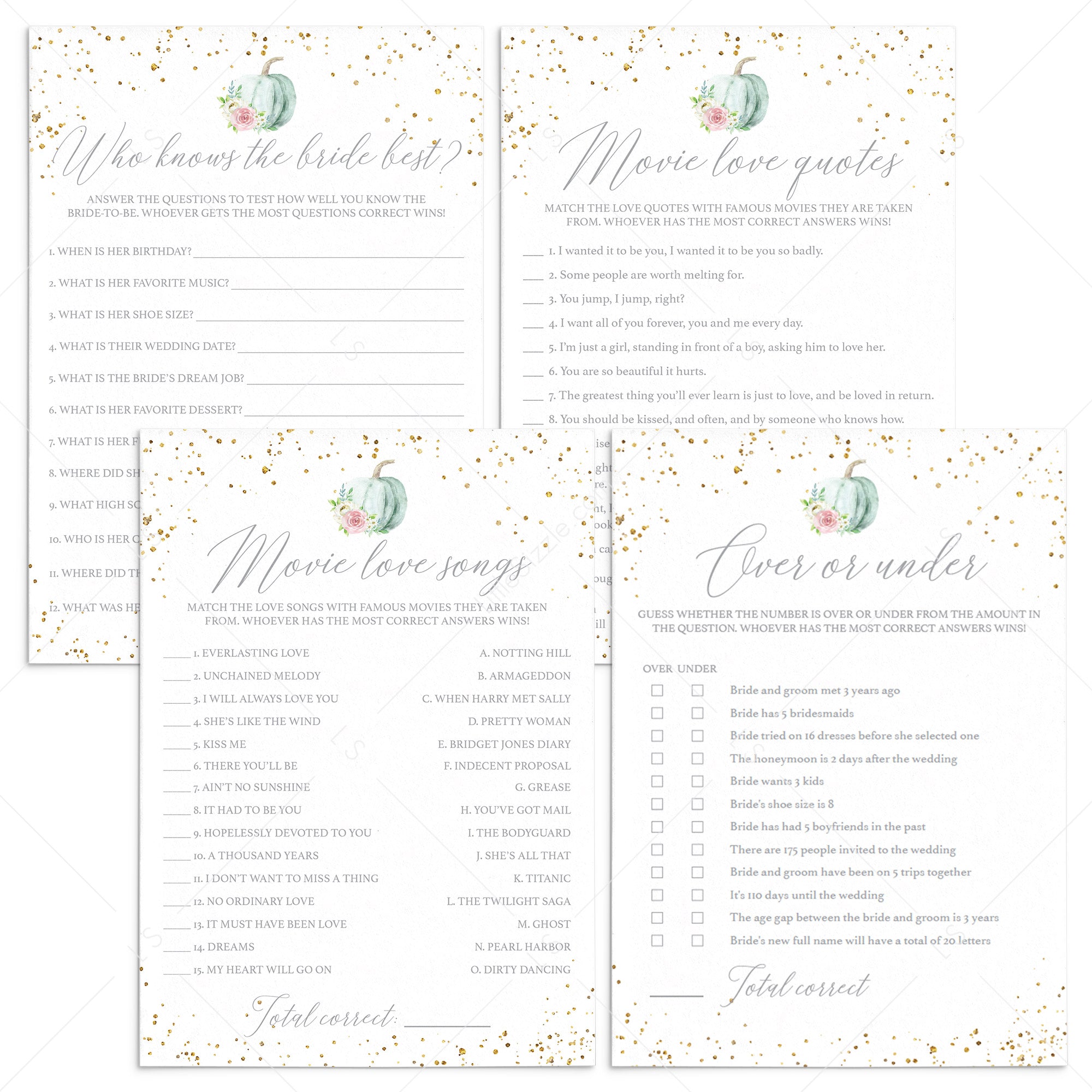 Autumn Bridal Shower Games Bundle Floral Pumpkin by LittleSizzle