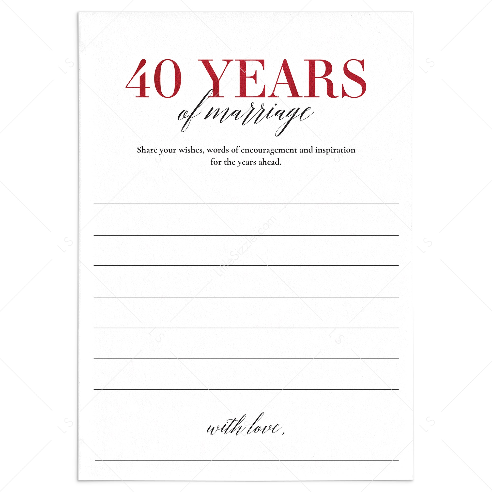 Ruby Wedding Anniversary Wishes & Advice Card Printable by LittleSizzle