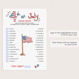 Fourth of July Party Matching Game Instant Download