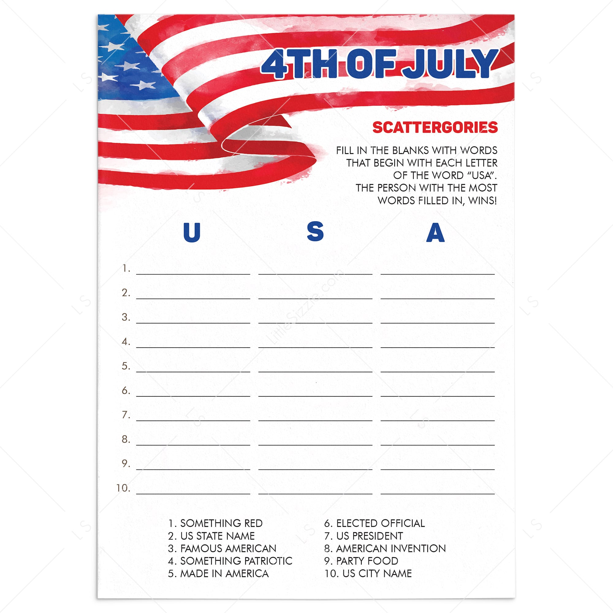 Fourth of July USA Scattergories Game To Print or Play Online by LittleSizzle