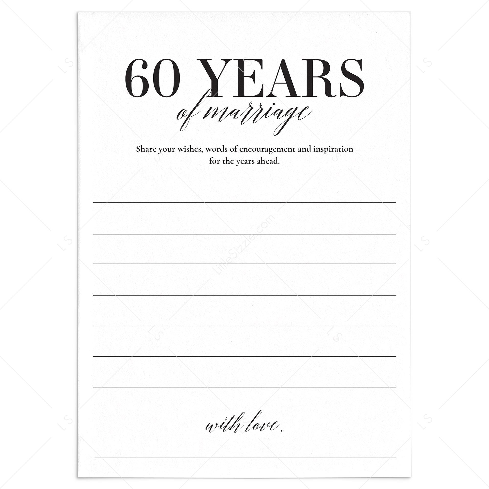60th Wedding Anniversary Wishes & Advice Card Printable | Diamond  Anniversary