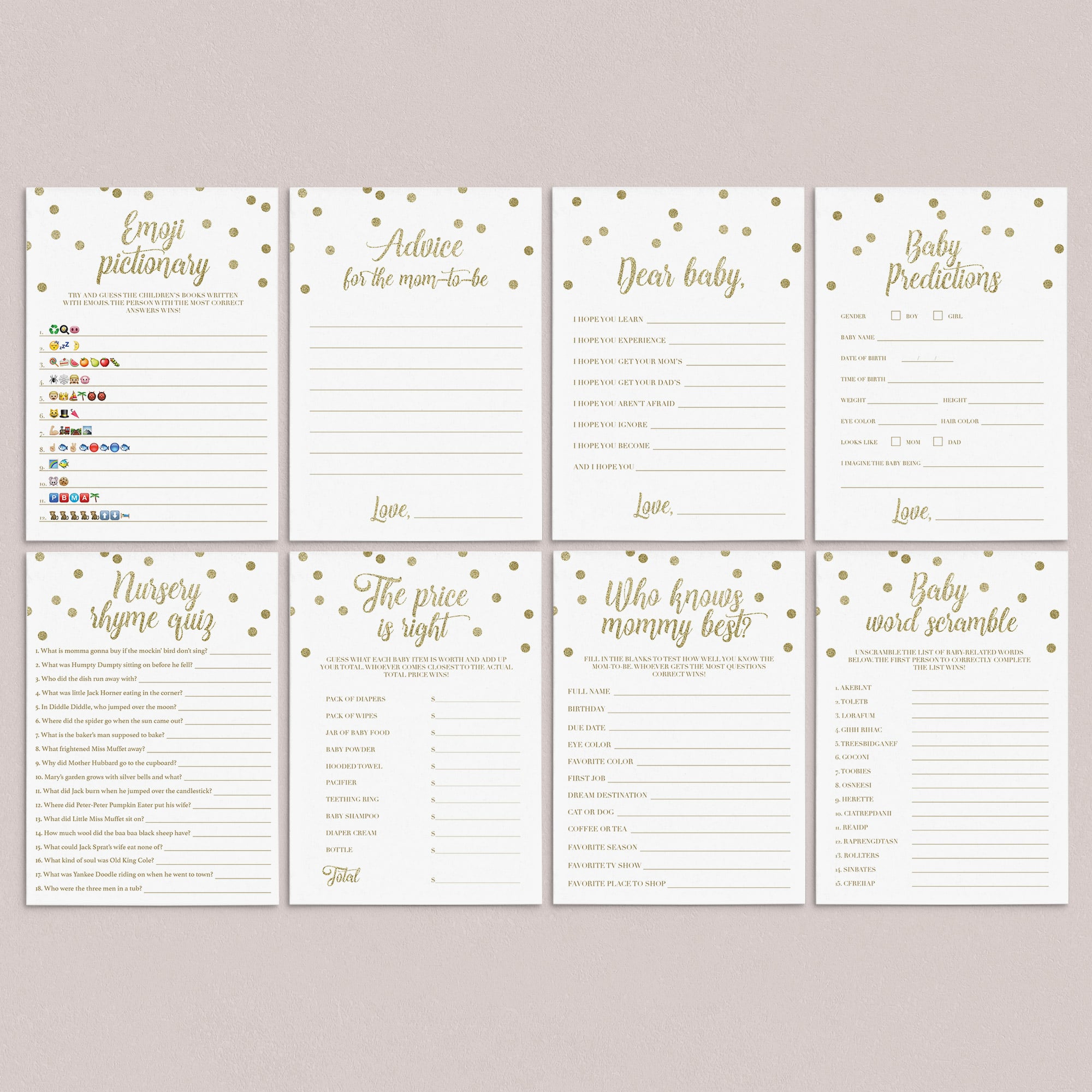 Virtual Baby Shower Games Bundle Gold Confetti