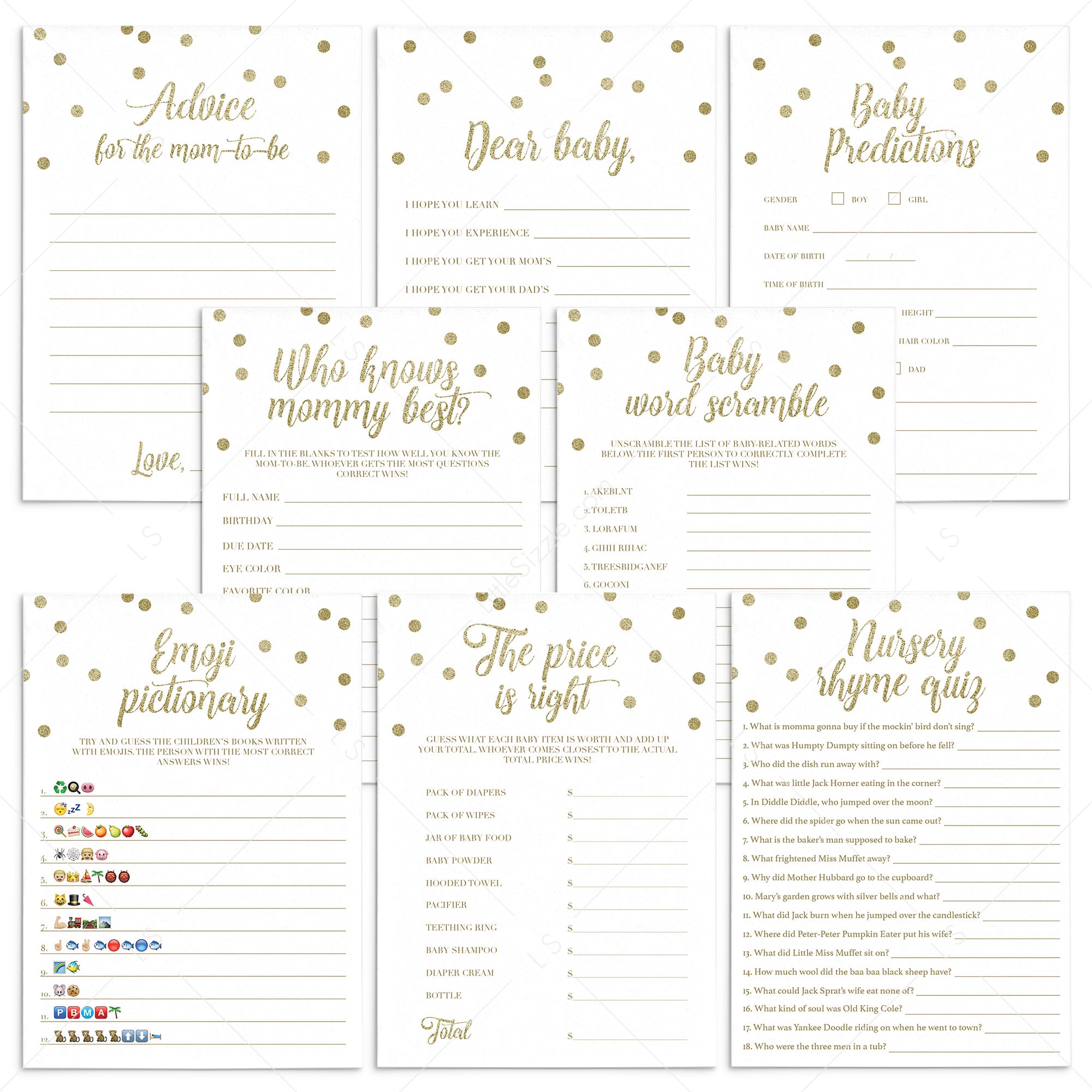 Virtual Baby Shower Games Bundle Gold Confetti by LittleSizzle