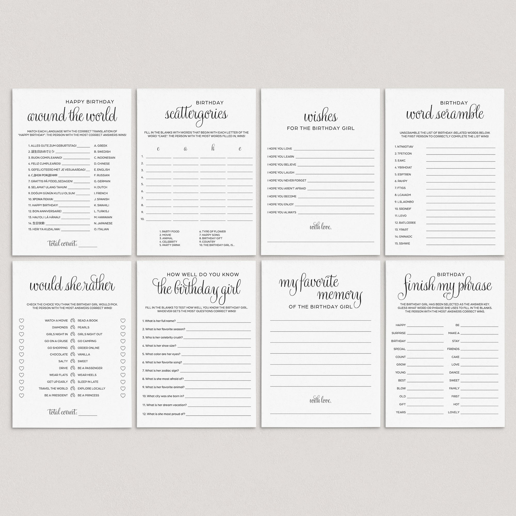 Simple Minimalist Birthday Games Bundle For Women Printable by LittleSizzle