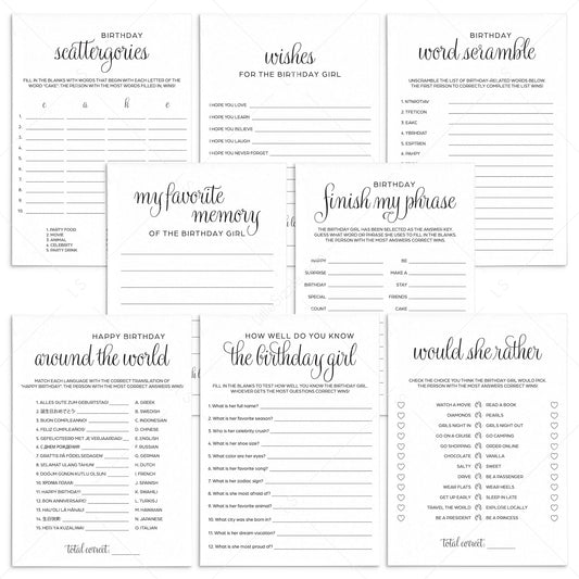 Simple Minimalist Birthday Games Bundle For Women Printable by LittleSizzle