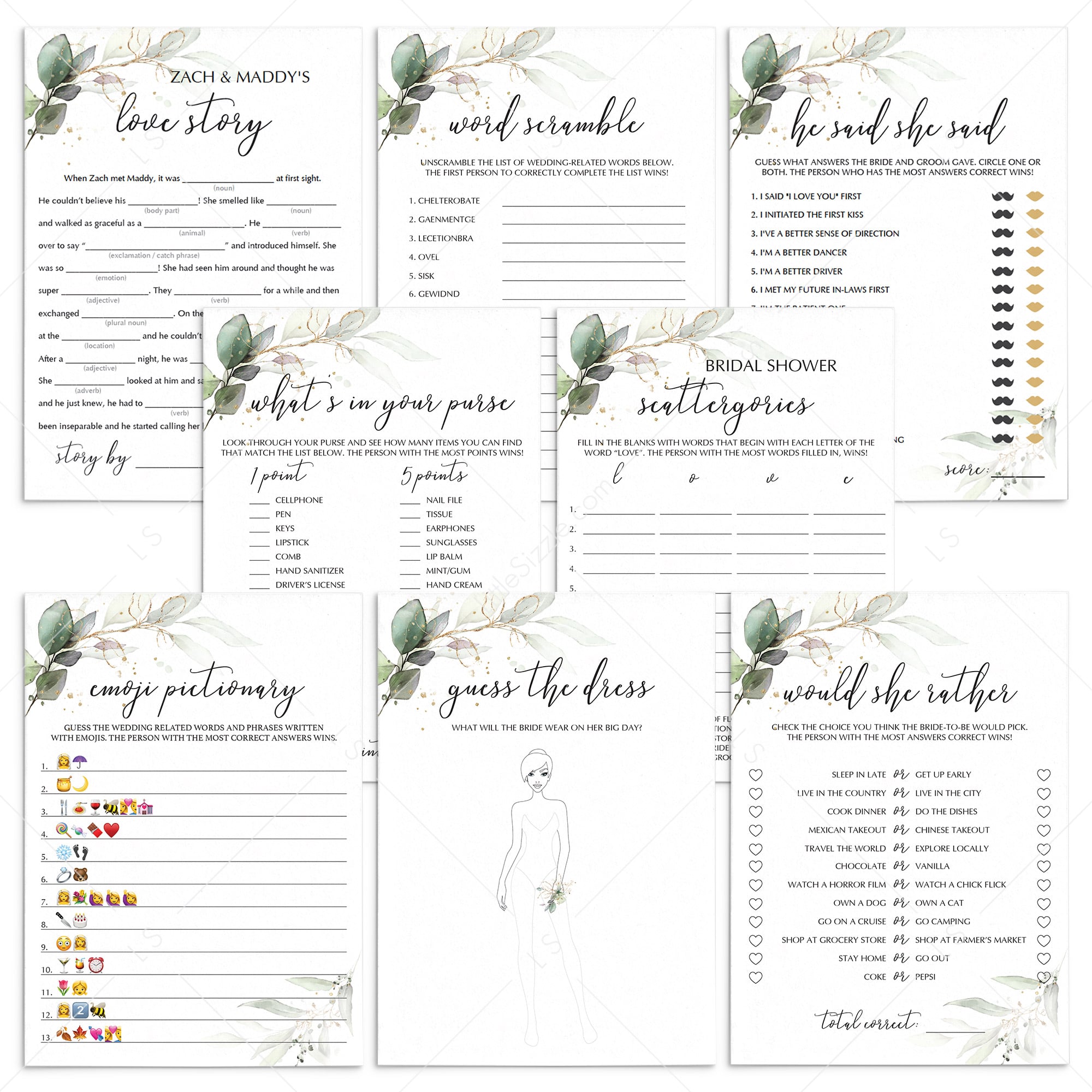 Chic Bridal Shower Games Bundle of 8 Printable by LittleSizzle