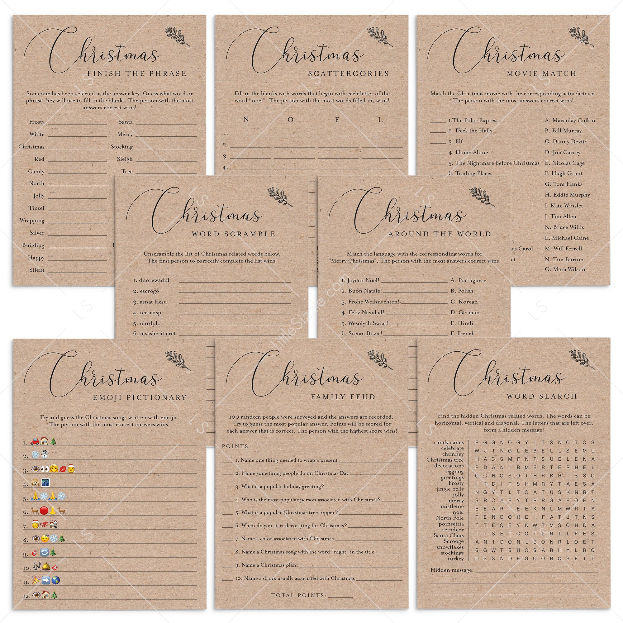 Rustic Christmas Family Games Bundle Kraft Instant Download by LittleSizzle