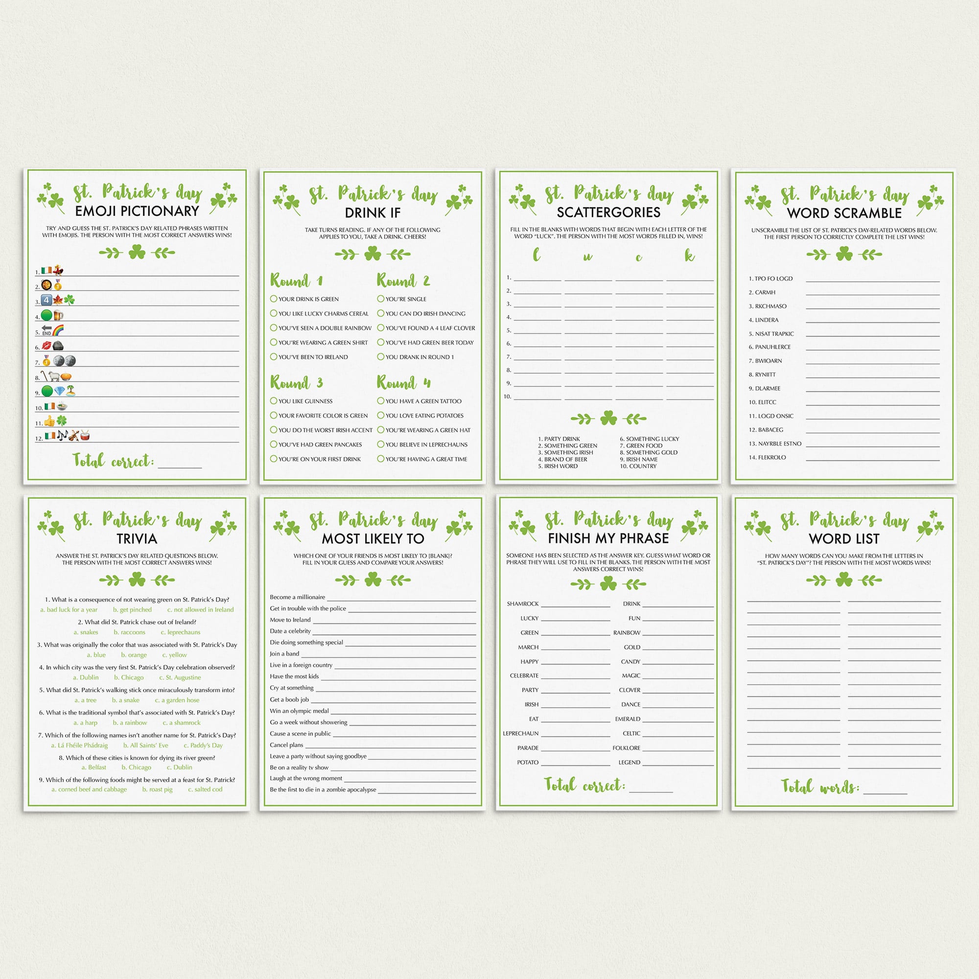 St Patricks Day (Virtual) Games Package Instant Download by LittleSizzle