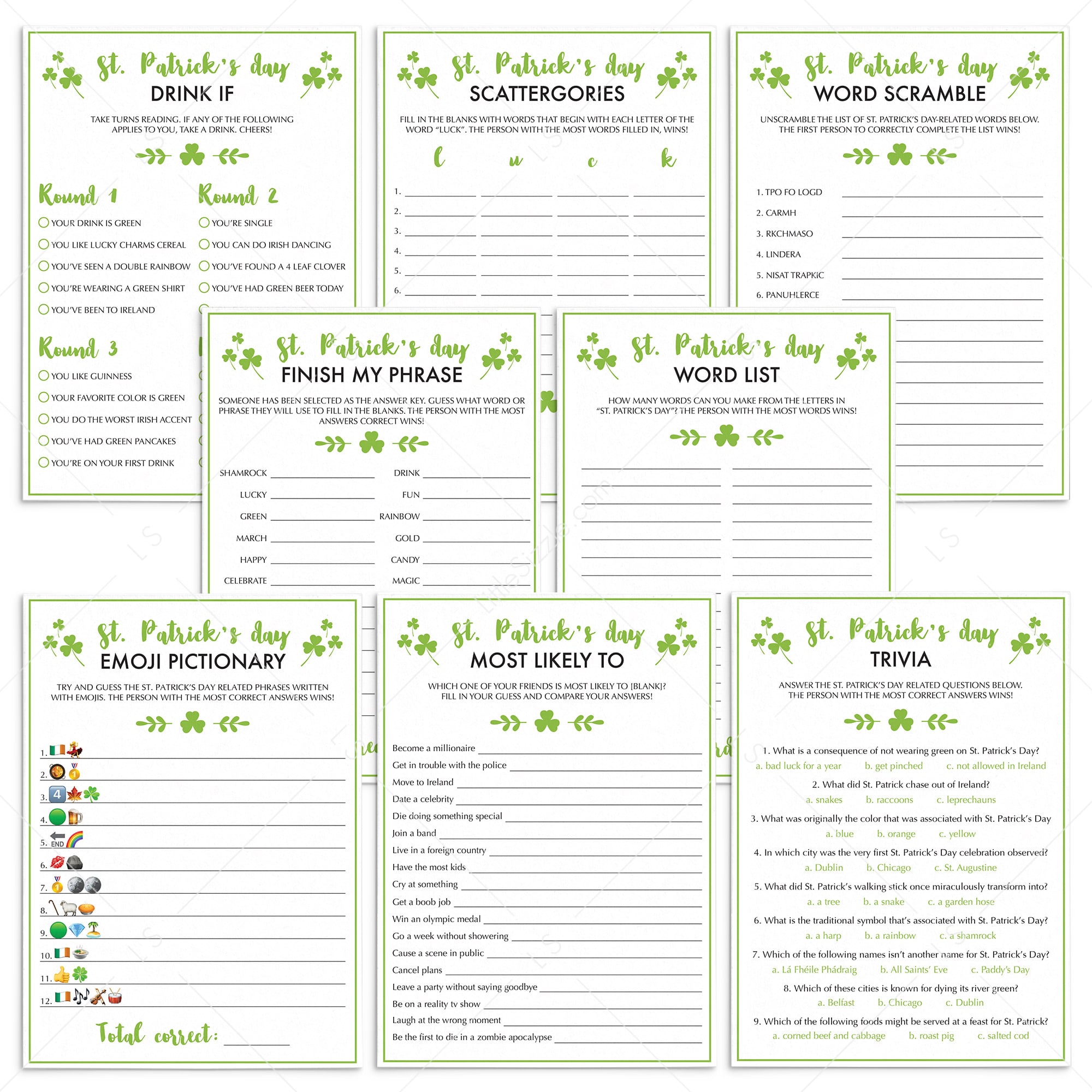 St Patricks Day (Virtual) Games Package Instant Download by LittleSizzle