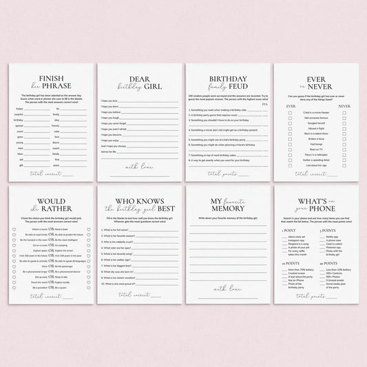 Minimalist Birthday Party Games for Her Printable by LittleSizzle