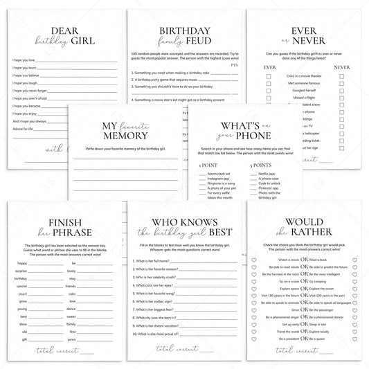 Minimalist Birthday Party Games for Her Printable by LittleSizzle