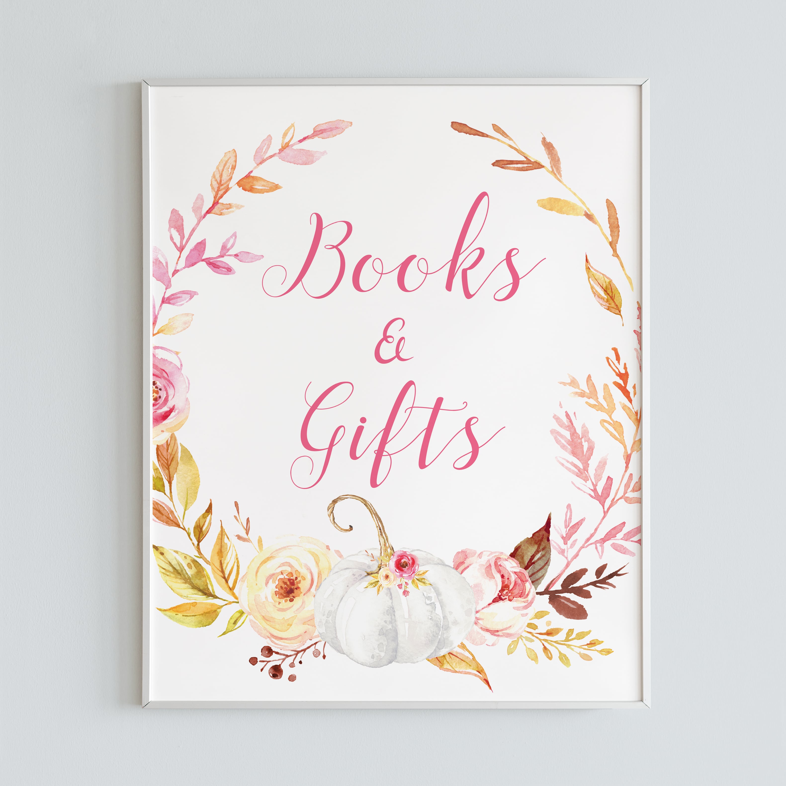 Pink pumpkin baby shower decorations books and gifts sign by LittleSizzle