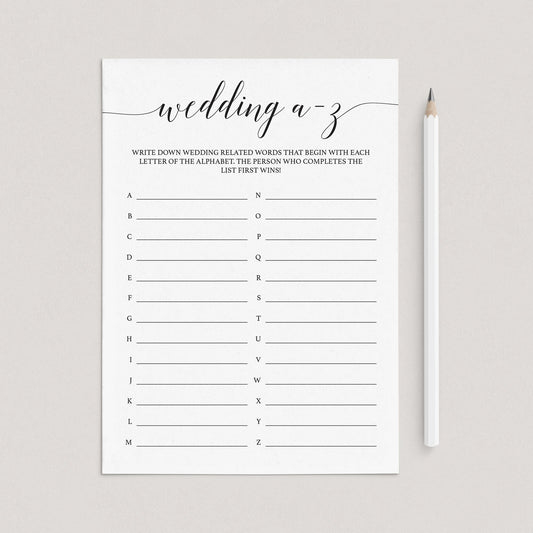 Wedding A to Z Game Printable Black and White by LittleSizzle