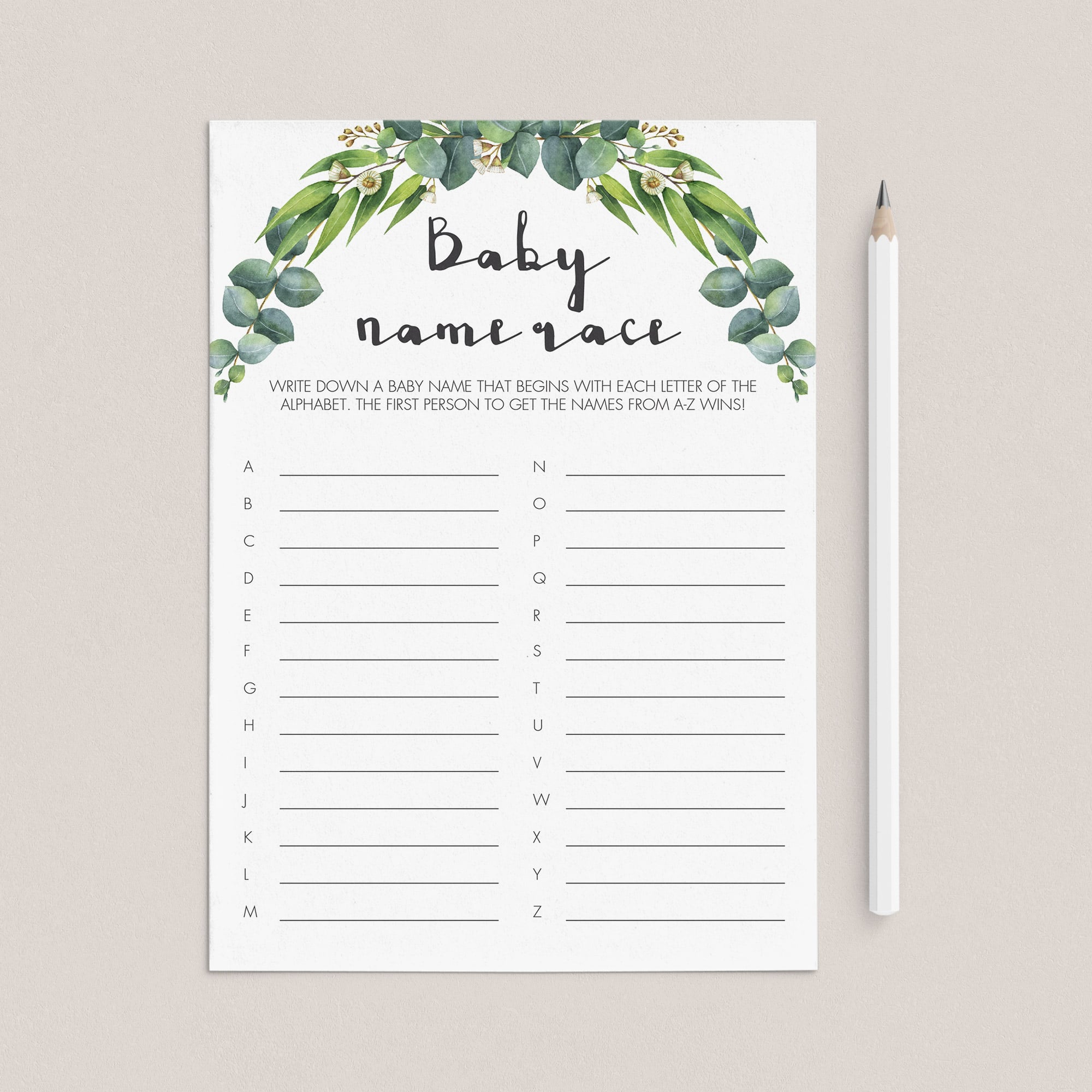 Green Leaves Baby Name Race game for neutral baby shower by LittleSizzle
