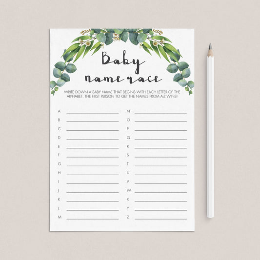 Green Leaves Baby Name Race game for neutral baby shower by LittleSizzle
