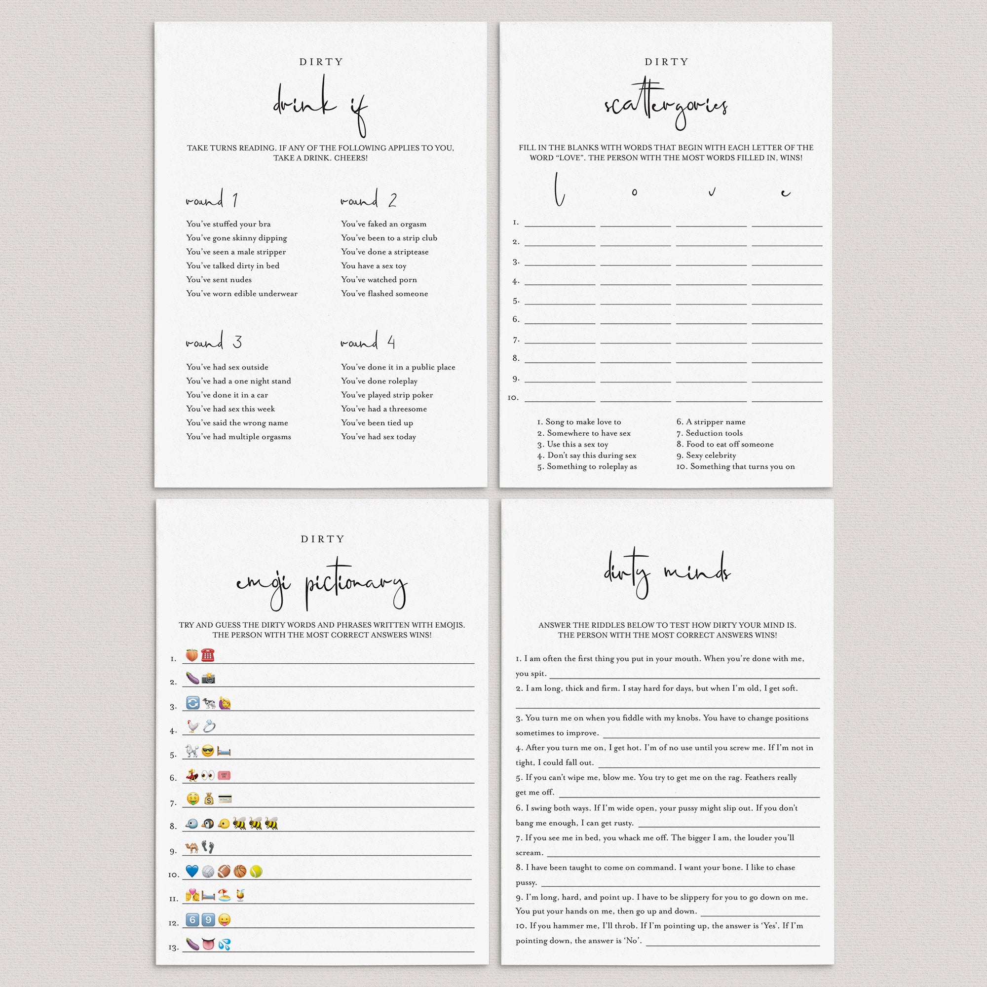 Dirty Games Bundle Printable Modern Minimalist by LittleSizzle