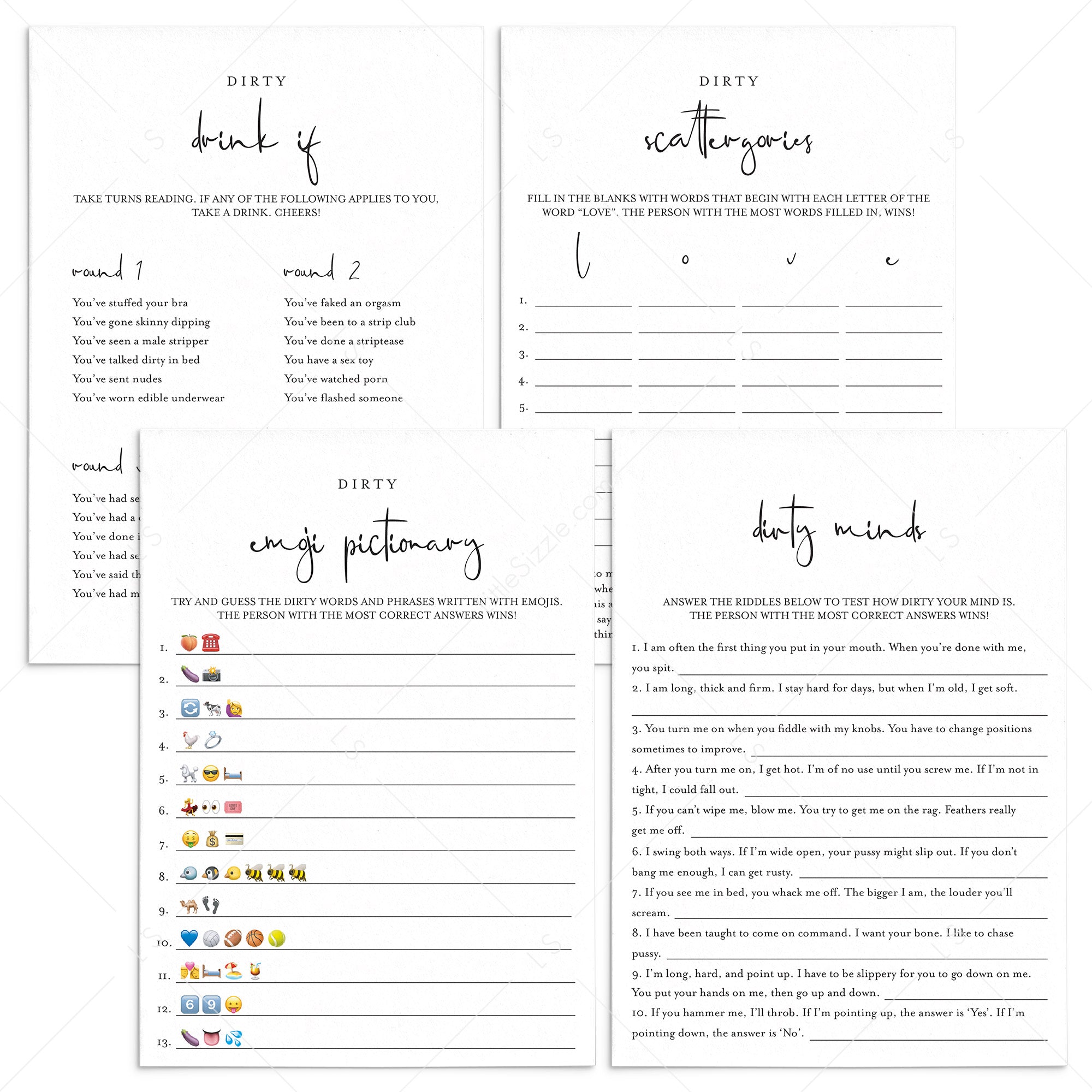 Dirty Games Bundle Printable Modern Minimalist by LittleSizzle