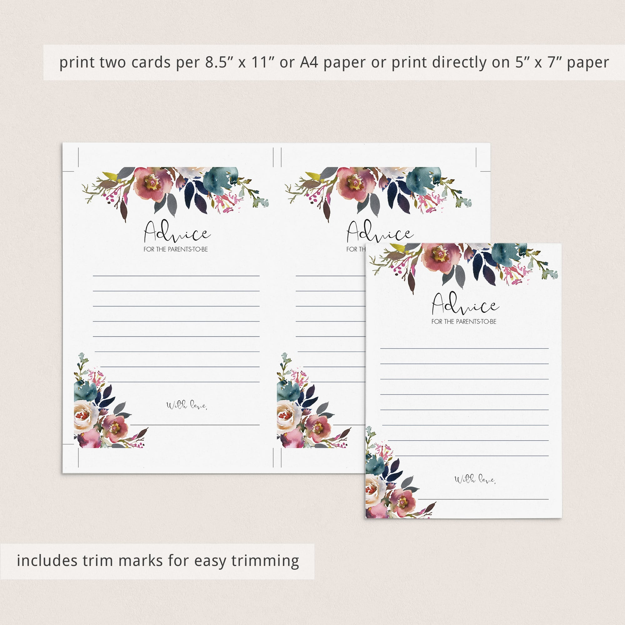 Watercolor flower boho shower advice card printabe by LittleSizzle