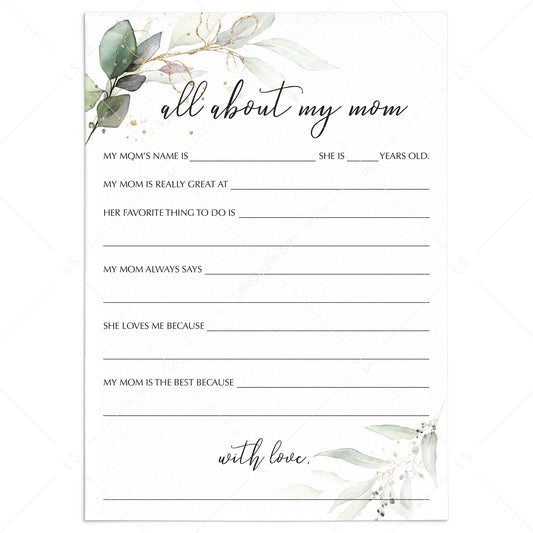 Printable Mother's Day Card All About My Mom by LittleSizzle