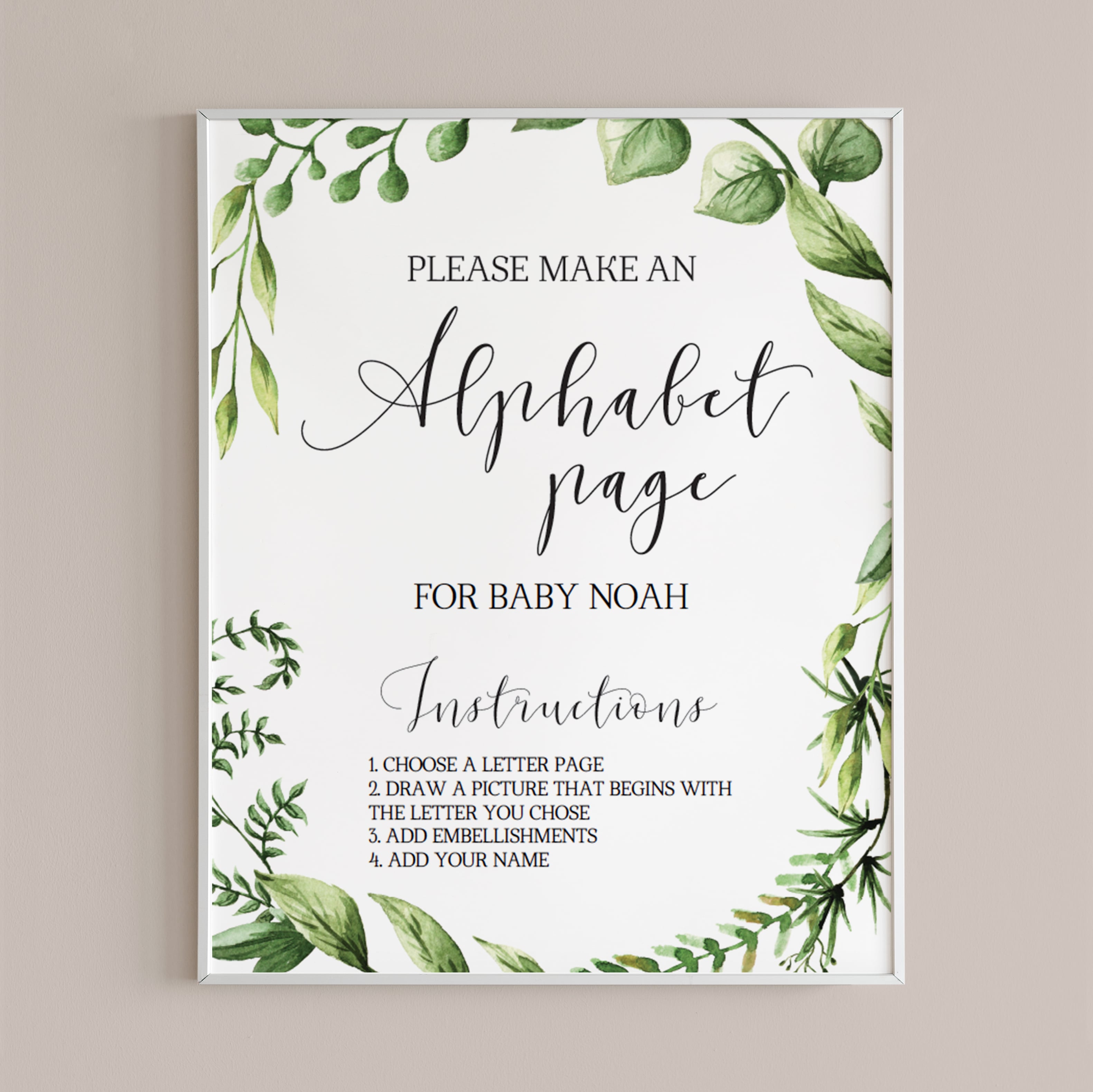 Alphabet page baby shower game with green leaves download by LittleSizzle