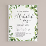 Alphabet page baby shower game with green leaves download by LittleSizzle
