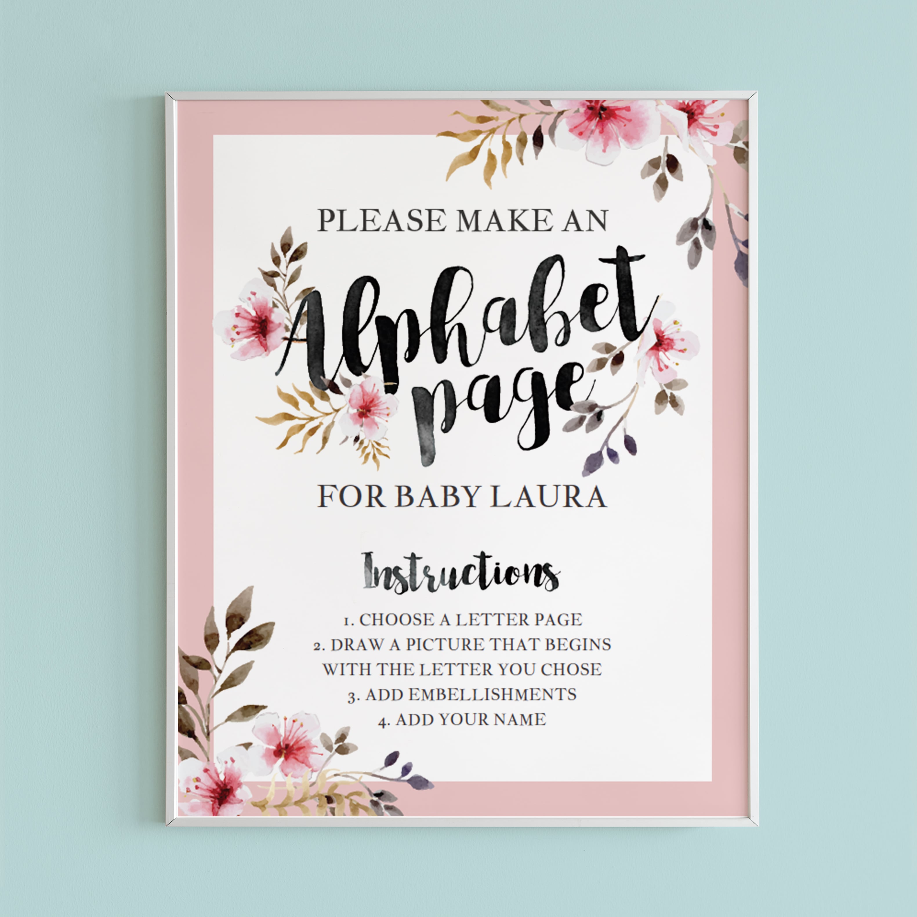 Alphabet page game table sign for girl baby shower by LittleSizzle