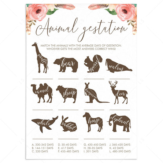 Animal Gestation Girl Baby Shower Game Printable by LittleSizzle