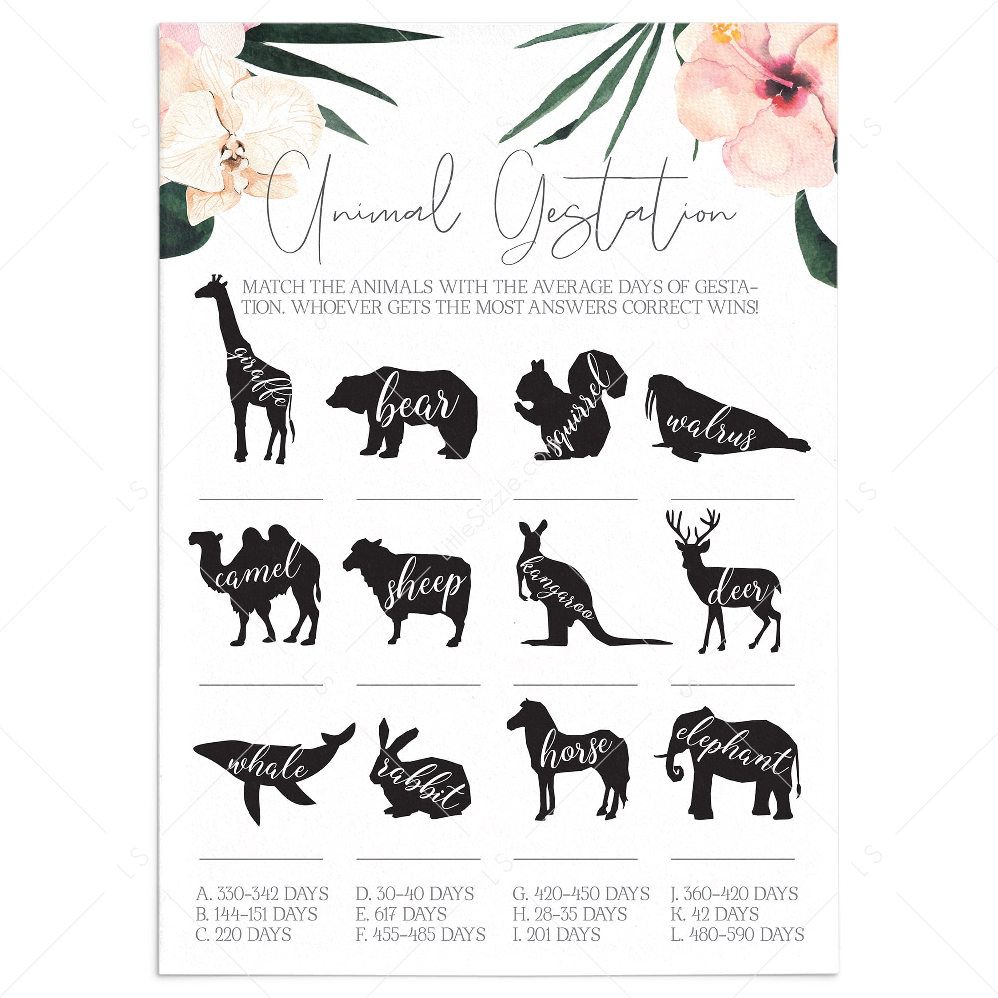 Tropical Baby Shower Game Animal Gestation Printable by LittleSizzle