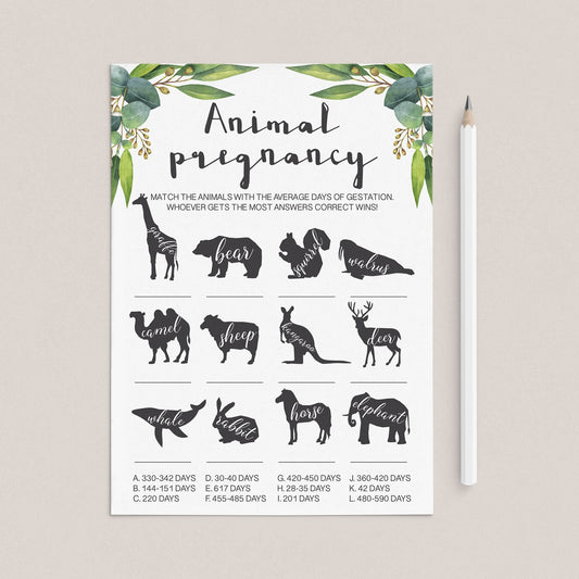 Animal gestation quiz baby shower eucalyptus leaves by LittleSizzle