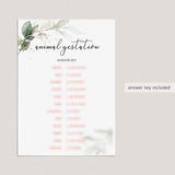 Greenery and Gold Baby Shower Game Animal Gestation Match