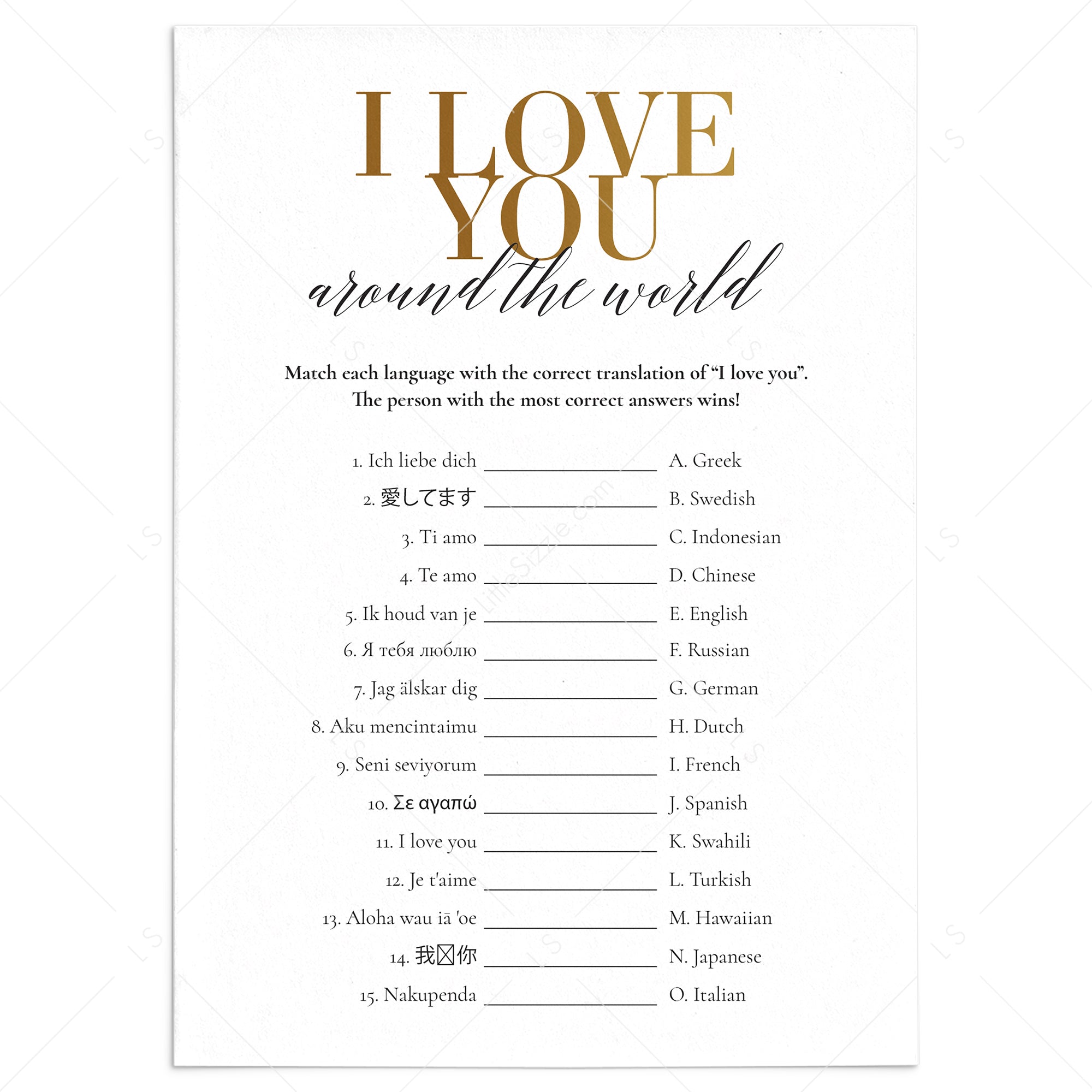 Gold Wedding Party Game I Love You Around The World with Answer Key Printable by LittleSizzle