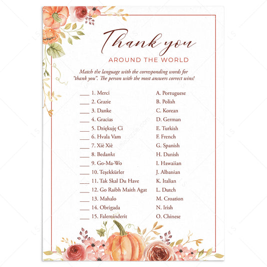 Floral Pumpkin Thanksgiving Game with Answers Printable by LittleSizzle