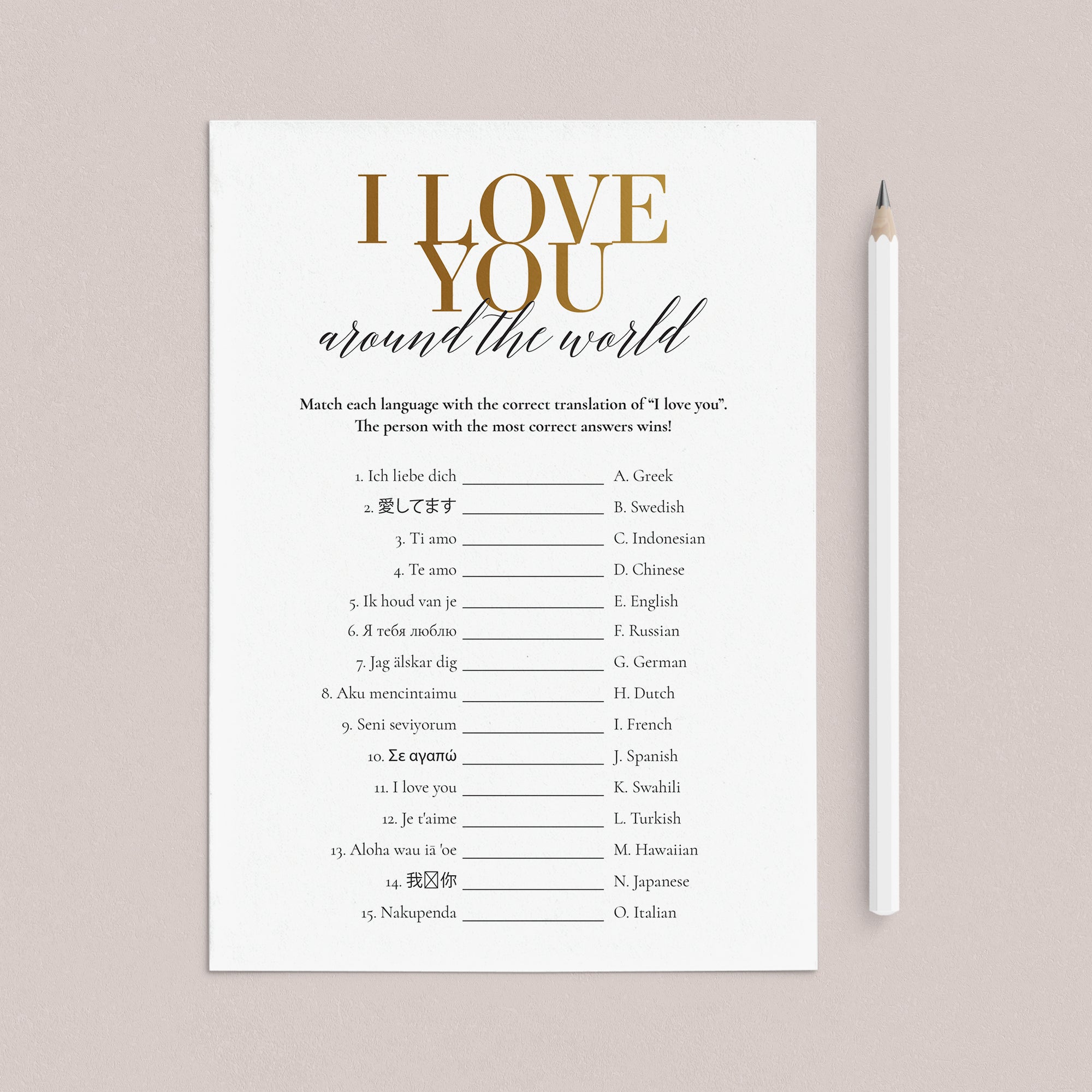 Gold Wedding Party Game I Love You Around The World with Answer Key Printable by LittleSizzle