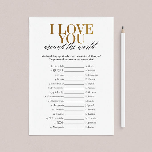 Gold Wedding Party Game I Love You Around The World with Answer Key Printable by LittleSizzle