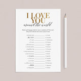 Gold Wedding Party Game I Love You Around The World with Answer Key Printable by LittleSizzle