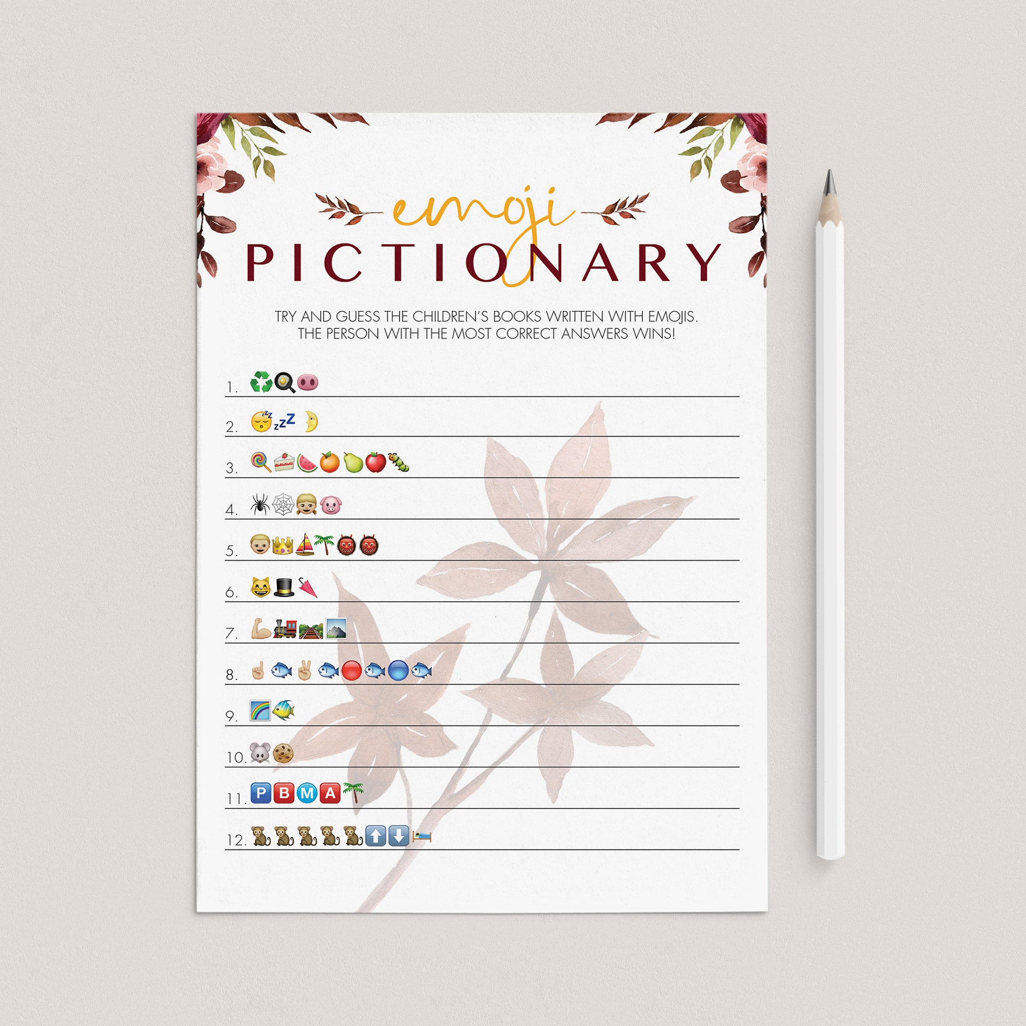 Burgundy Leaves Baby Shower Emoji Game Printable by LittleSizzle