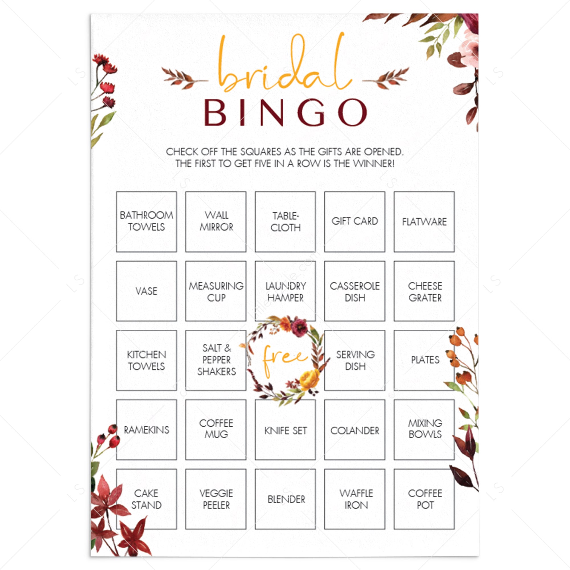 Complete Bridal Shower Bingo Game Fall Theme by LittleSizzle