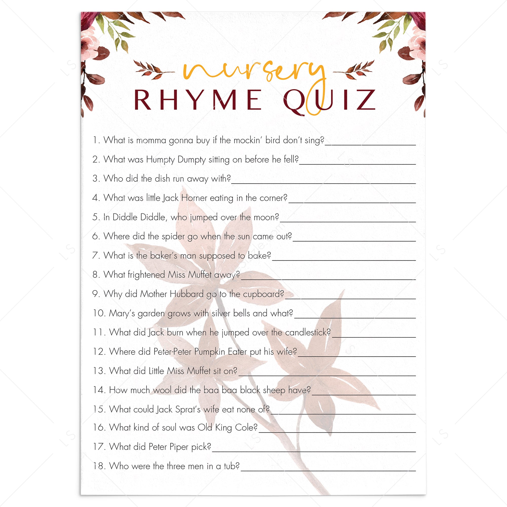 Fall baby shower nursery rhyme game printable by LittleSizzle