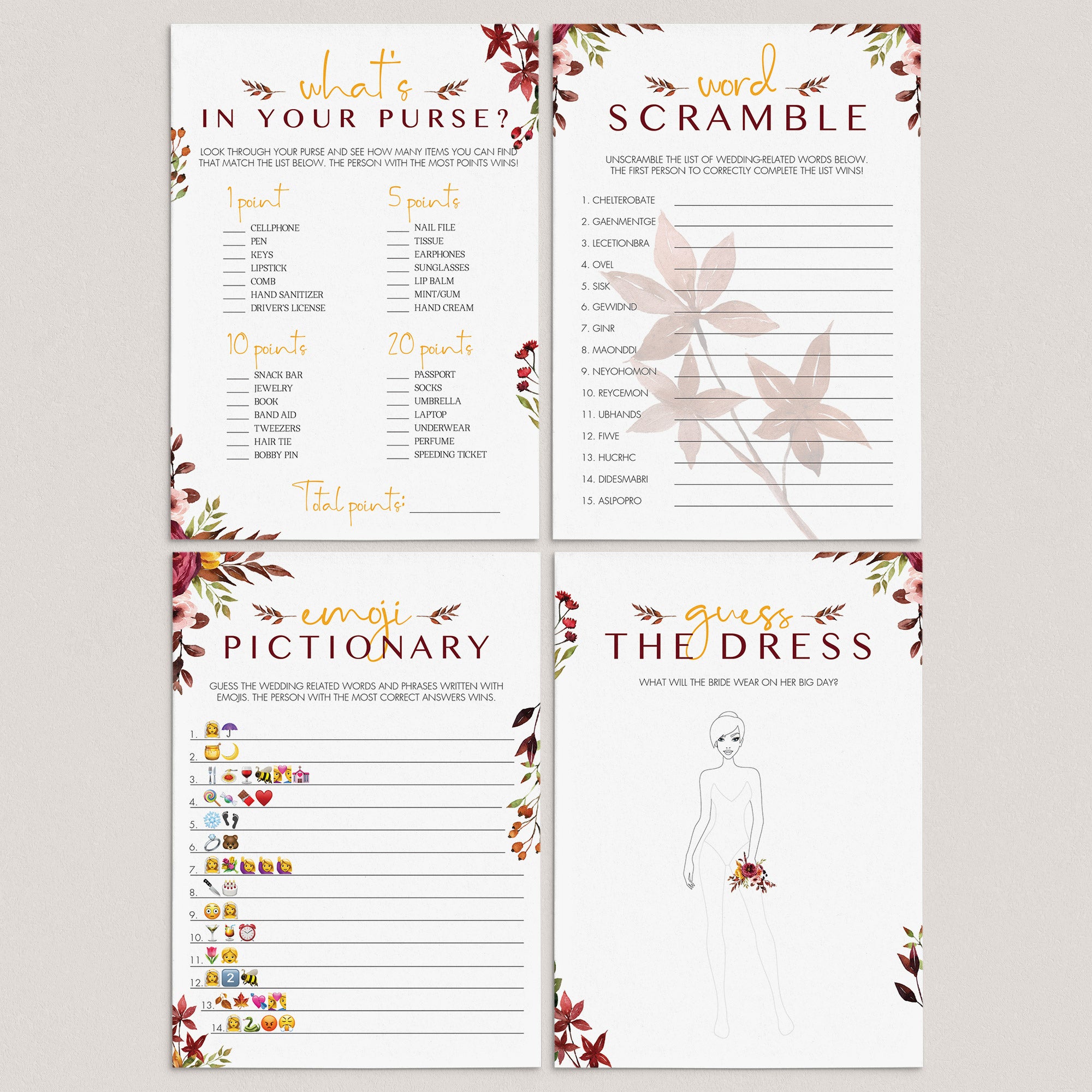 Burgundy Floral BridalShower Game Bundle Printable by LittleSizzle
