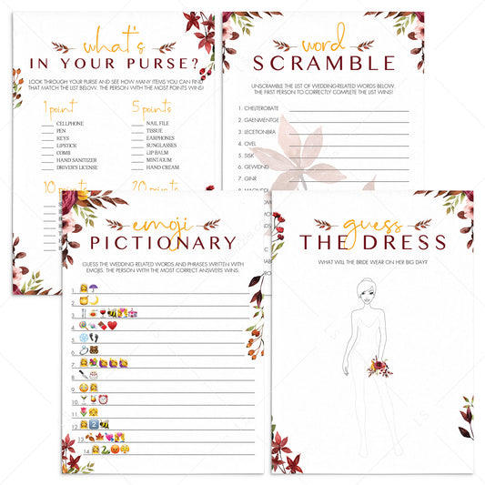 Burgundy Floral BridalShower Game Bundle Printable by LittleSizzle