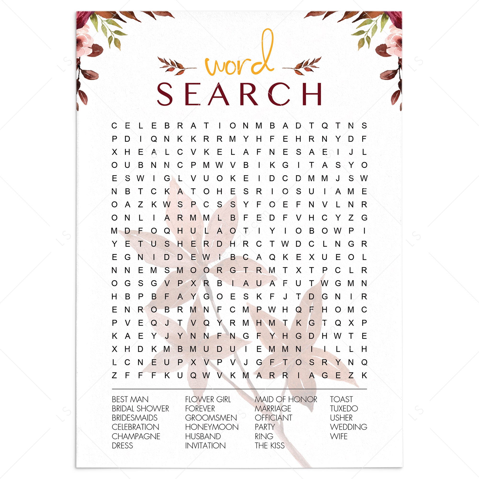 Fall Wedding Word Search Game Printable by LittleSizzle
